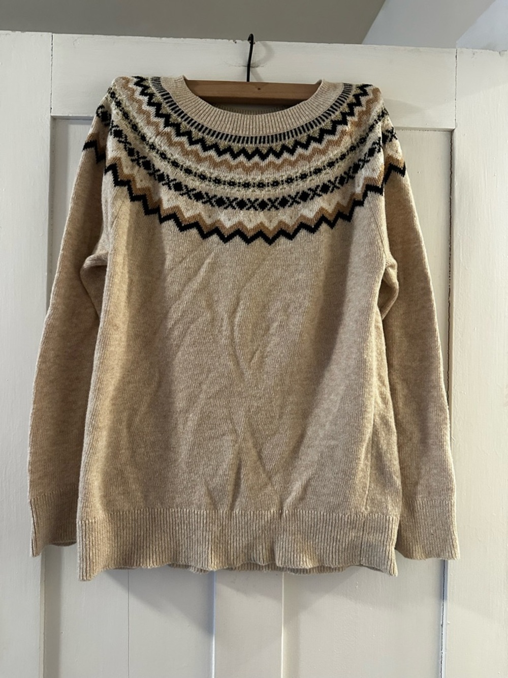 LOFT Beige Fair Isle Scoopneck Sweater with Black & Cream Accents